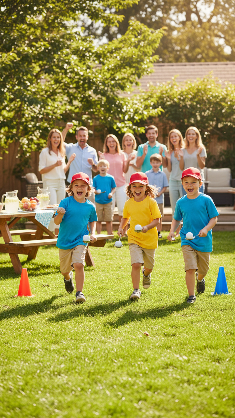 Golf Ball Relay Race With Teams Balancing Balls On Spoons While Racing Across Sunny Backyard Lawn.