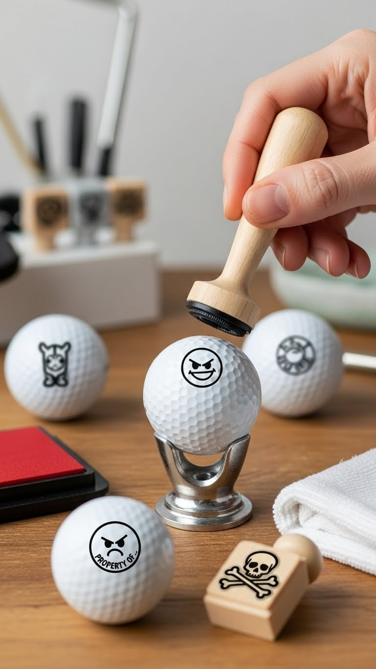 Golf Ball Stamp Tool Applying Funny Logo Icon To White Golf Ball On Crafting Workbench With Stamping Accessories