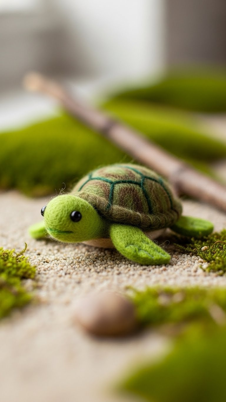 Golf Ball Turtle With Textured Green-Brown Shell Slowly Moving Across Sandy Ground With Soft Bokeh Background