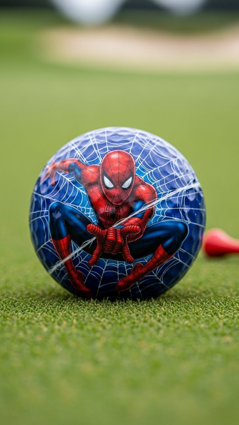 Golf Ball With Dynamic 360-Degree Spiderman Web-Slinger Action Pose On Damp Green Grass Against Bunker Background