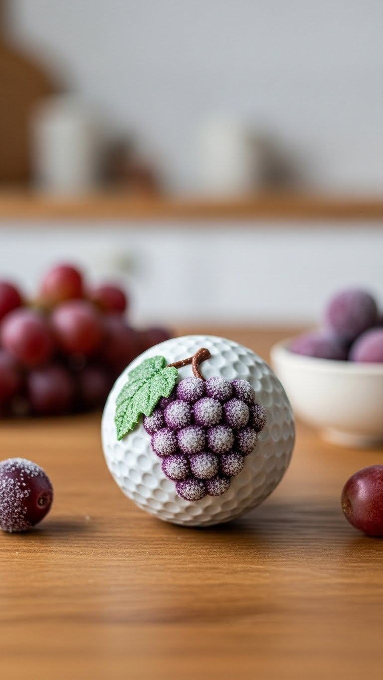 Golf Ball With Frosted Grape Texture Design Mimicking Natural Grape Bloom On Rustic Table