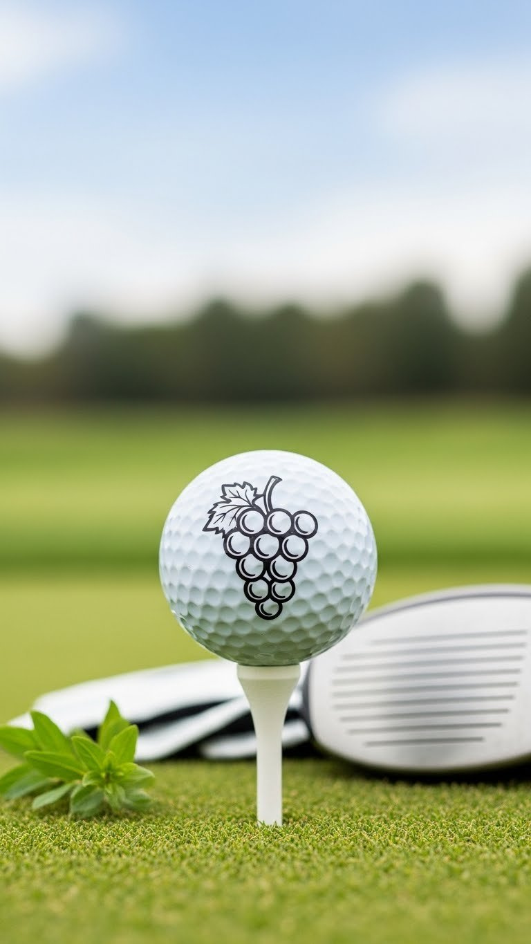 Golf Ball With Hand-Drawn Grape Cluster Outline On White Tee Against Soft Bokeh Golf Course Background