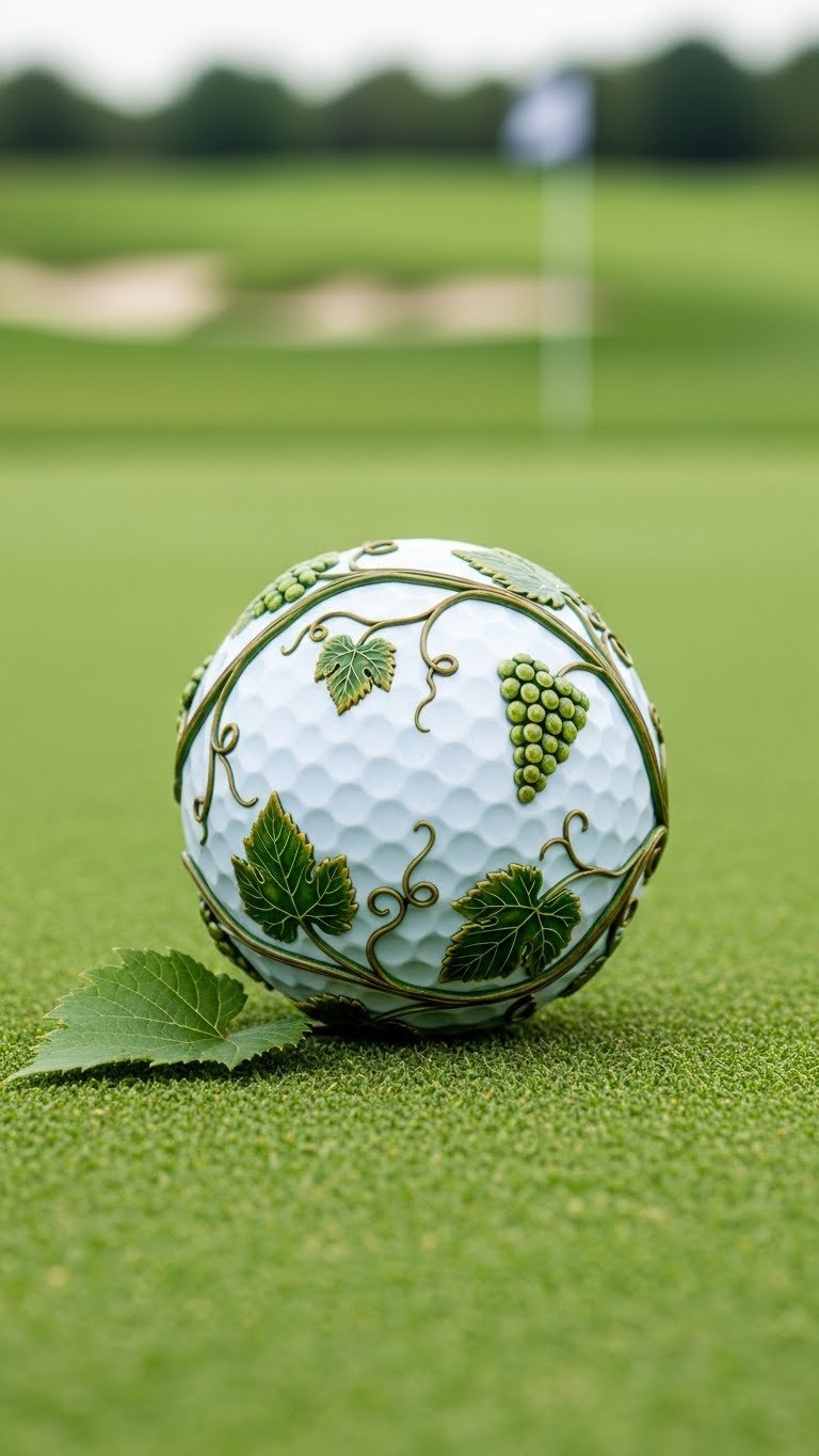 Golf Ball With Intricate Grapevine Pattern Wrapping Around Surface On Putting Green Texture