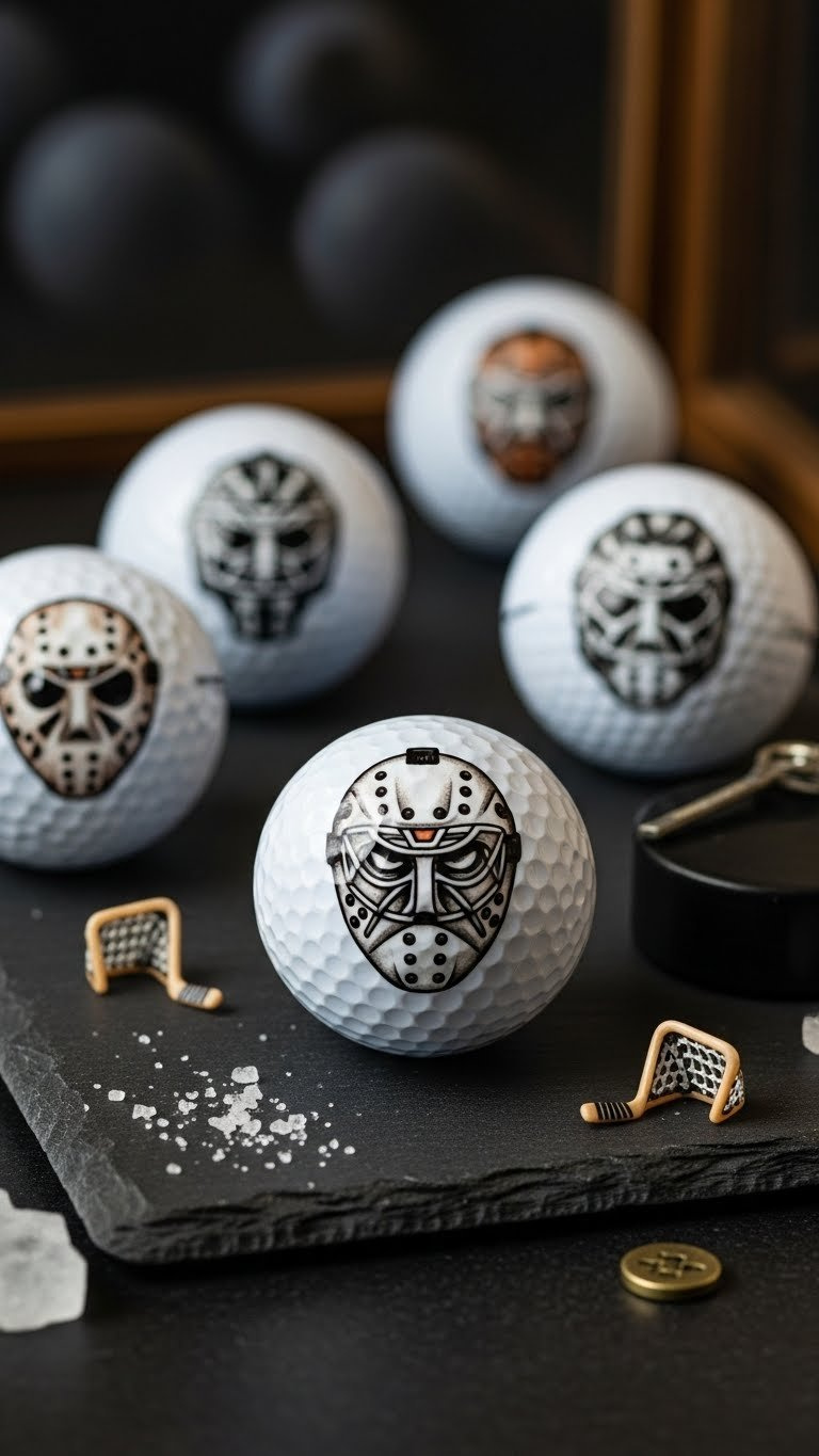 Golf Balls Showcasing Intricate Hockey Mask Designs Arranged In Top-Down Flat Lay Composition On Dark Textured Slate