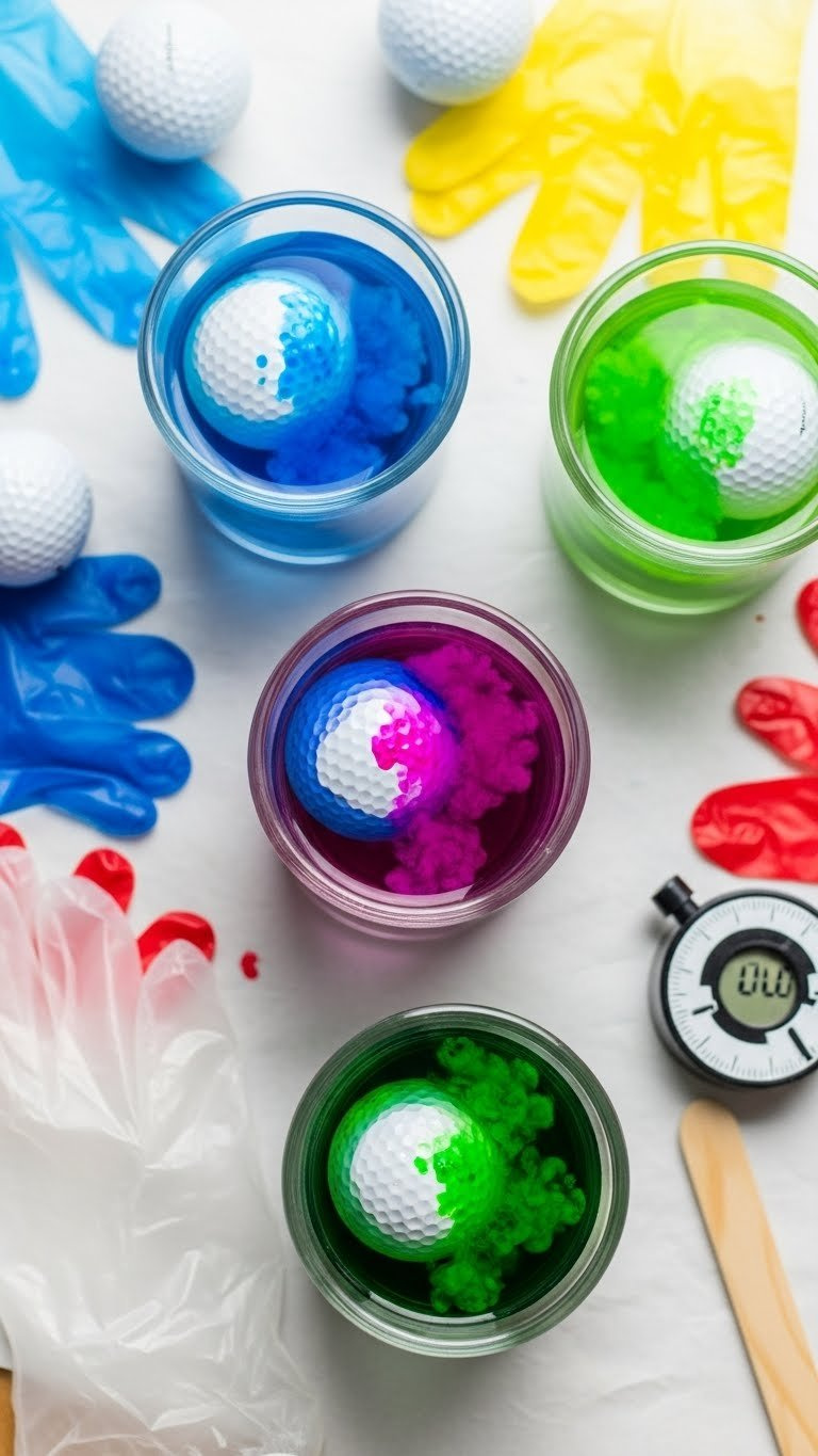 Golf Balls Submerged In Vibrant Rit Dye Solutions Showing Diy Dyeing Process On Protected Workbench Surface
