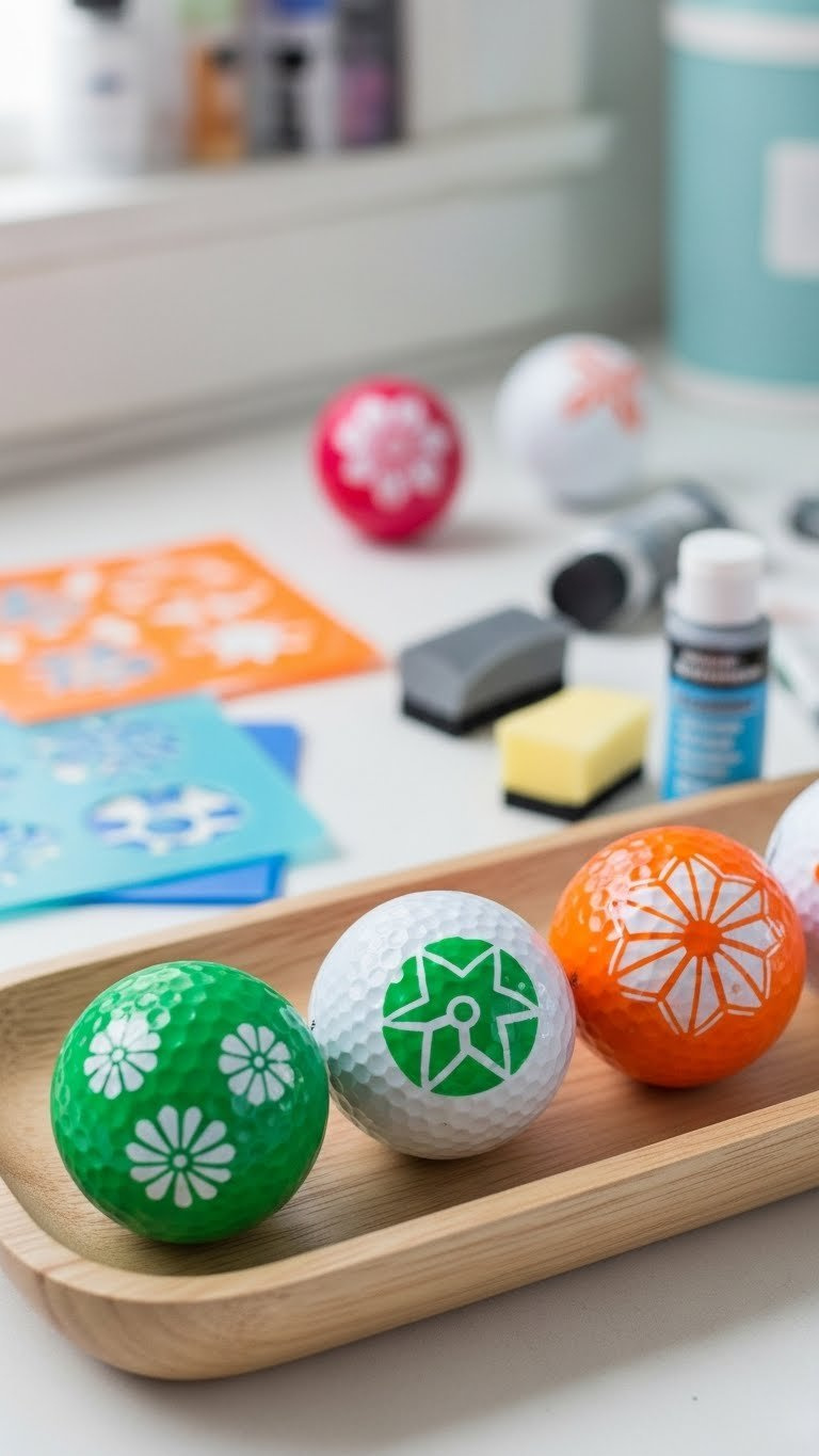 Golf Balls With Crisp Stenciled Geometric Patterns Displayed On Light Wooden Tray With Craft Tools And Paint Bottles.