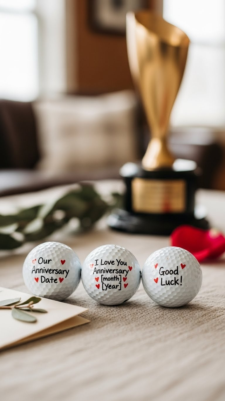 Golf Balls With Handwritten Sentimental Messages Like 'I Love You' Displayed On Textured Linen Tablecloth.