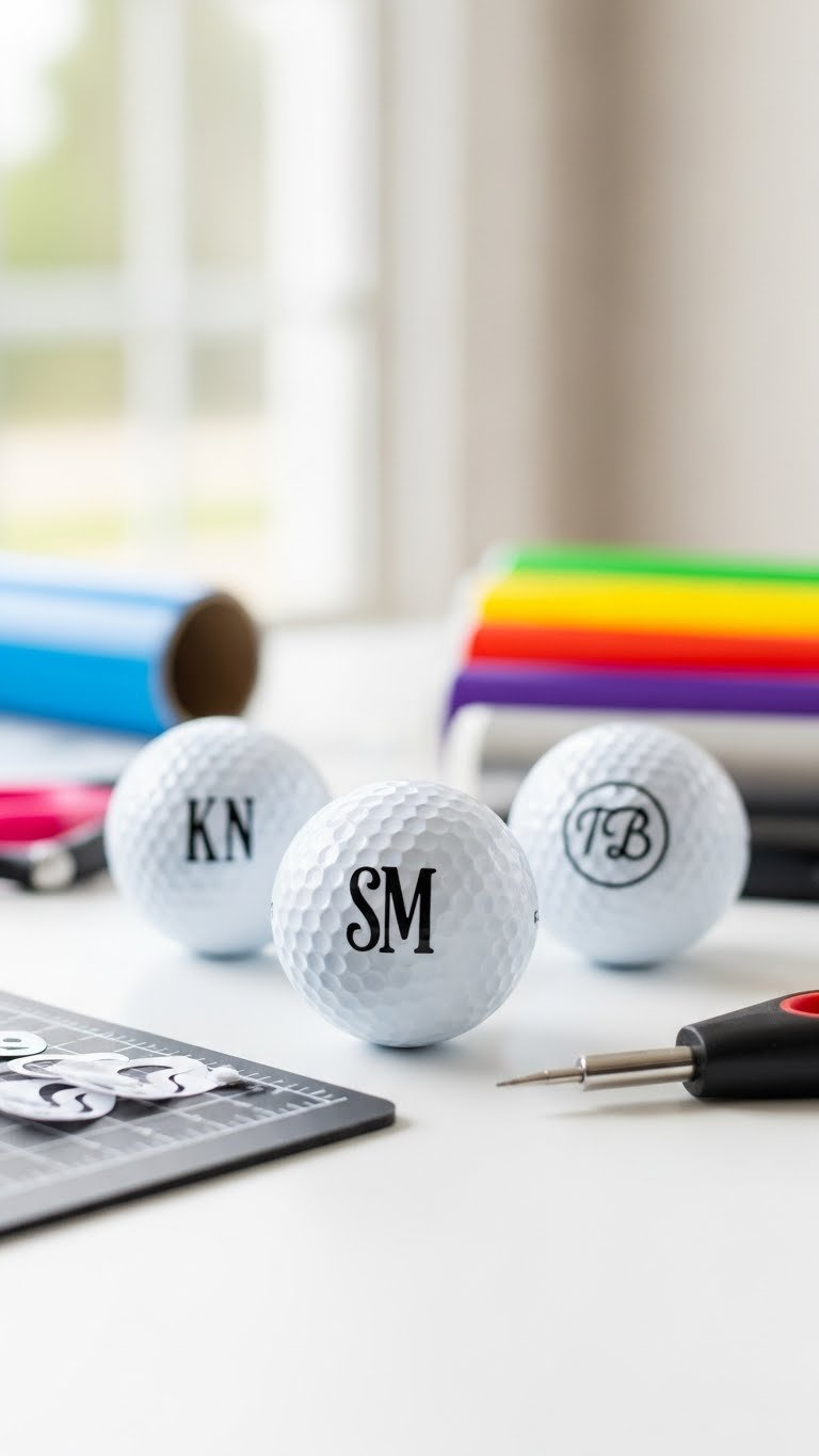 Golf Balls With Precision Vinyl Decals Featuring Initials And Patterns On Clean White Surface With Craft Supplies.