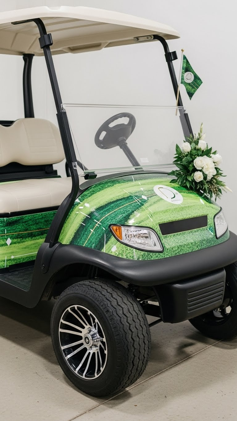 Golf Cart With Vibrant Vinyl Wrap Featuring Golf-Themed Pattern And Custom Paint Finish In Polished Garage Setting