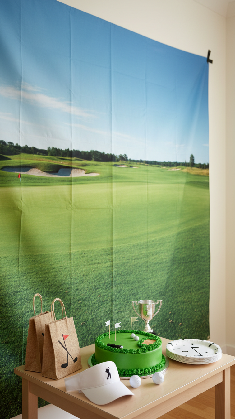 Golf Course Backdrop With Party Table Featuring Golf-Themed Cake And Accessories In Bright Minimalist Room Setting