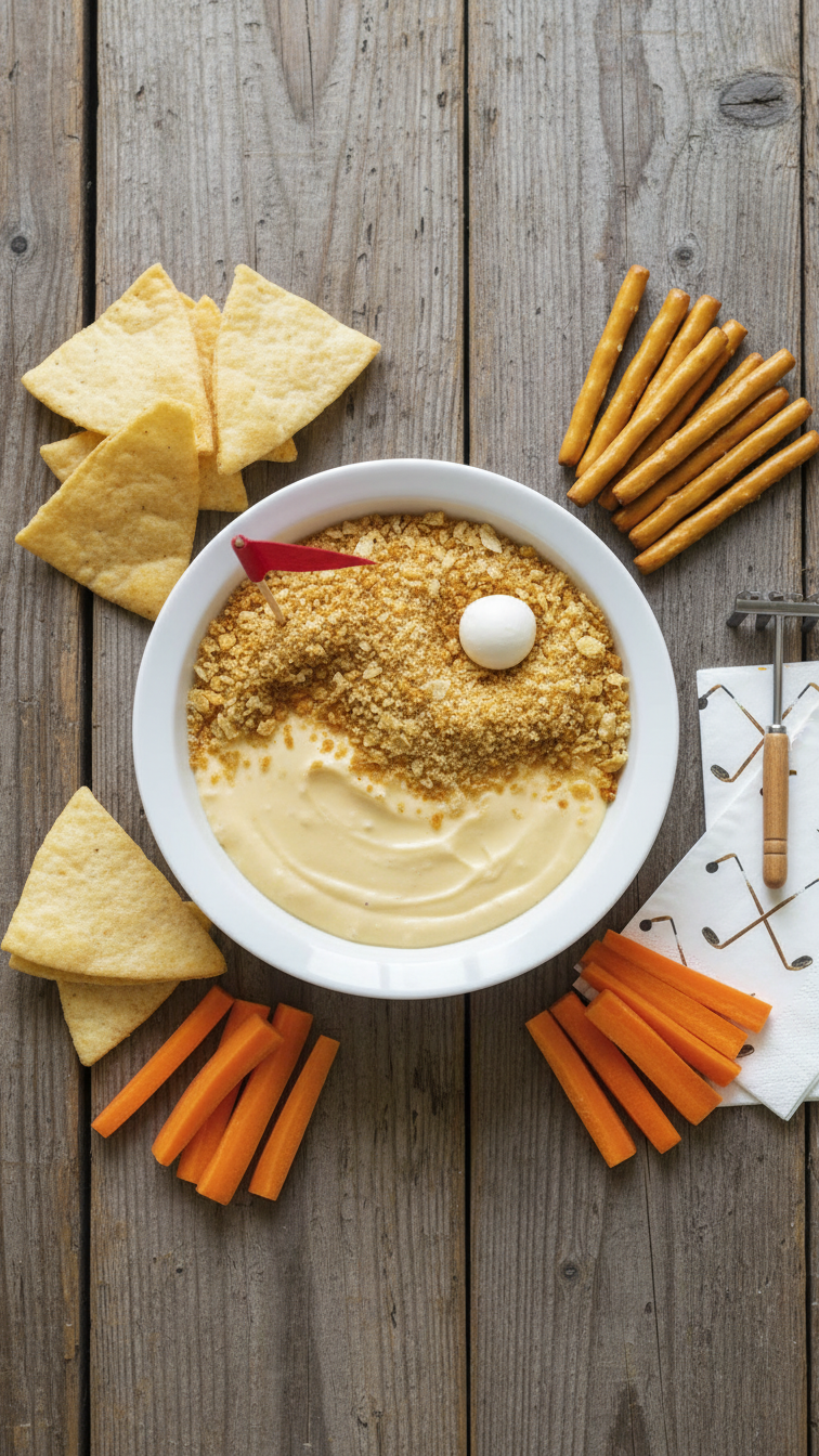 Golf Course Sand Trap Dip In Shallow Bowl With Tortilla Chip Topping And Mozzarella Ball Golf Ball