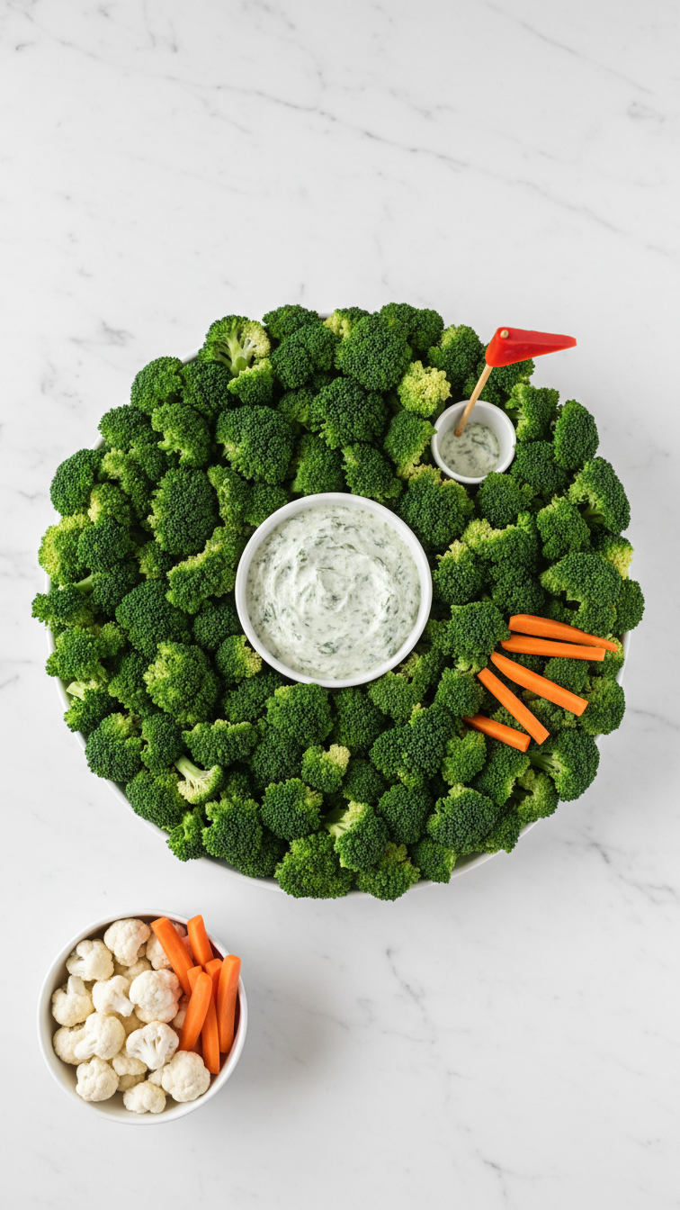 Golf Course Vegetable Platter With Broccoli Green, Spinach Dip Hole, And Red Pepper Flag On Pretzel Stick