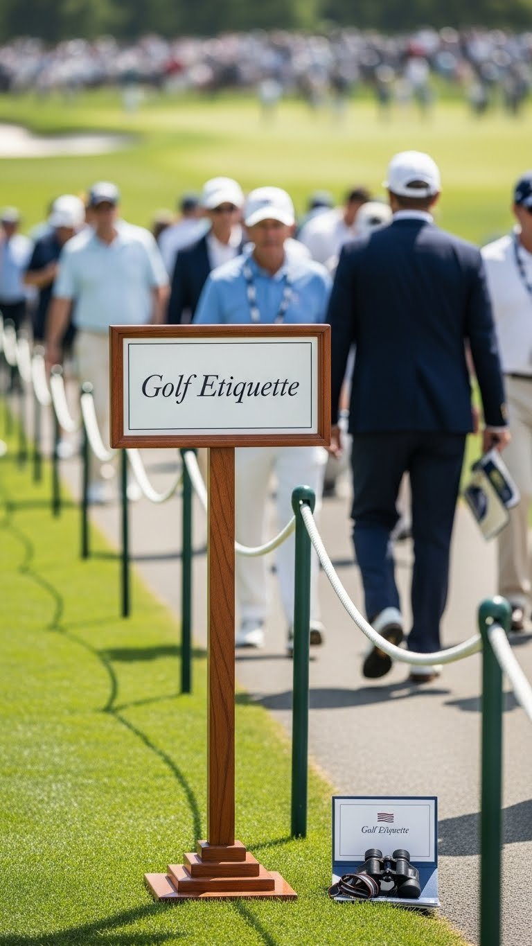 Golf Etiquette Sign On Wooden Stand With Spectators In Refined Attire Walking Along Pathway