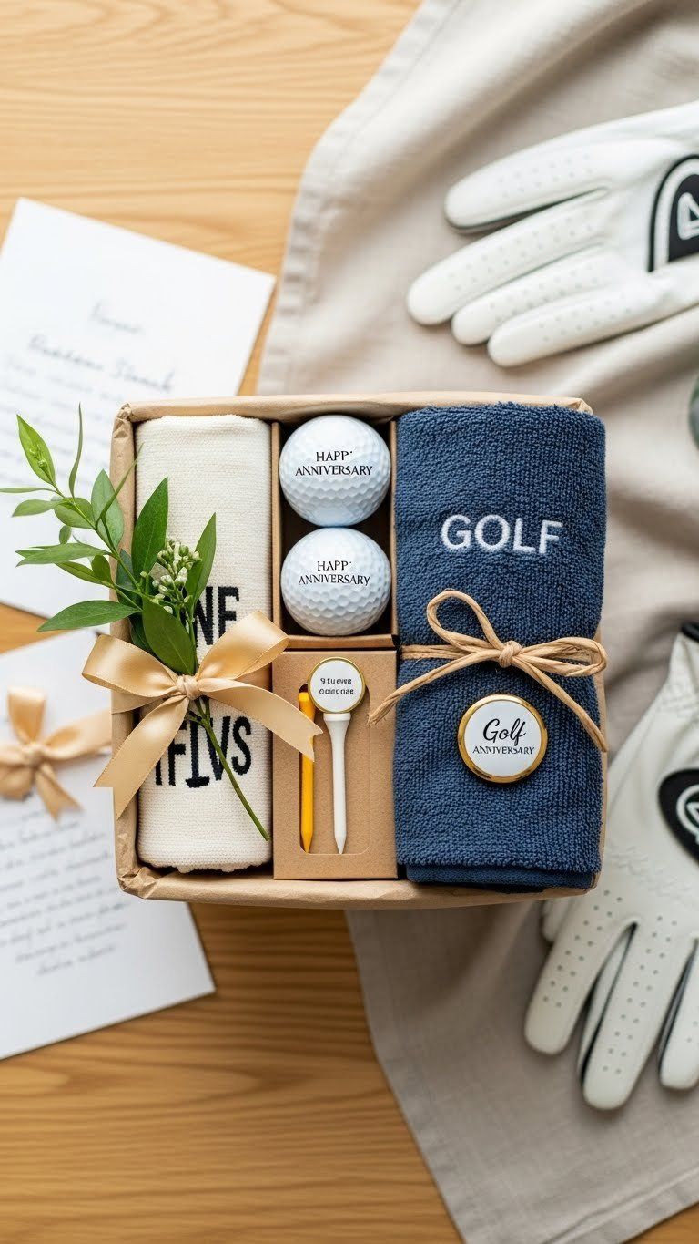 Golf Gift Basket With Personalized Anniversary Balls, Tees, And Accessories Arranged On Light Wooden Table With Ribbon.