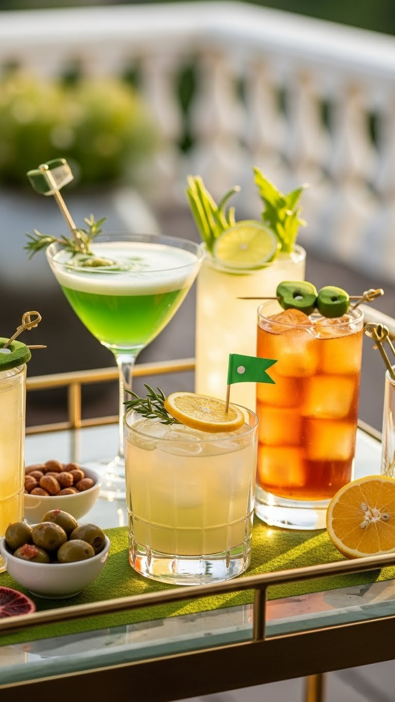 Golf-Inspired Cocktails And Mocktails Like Fairway Fizz And Sweet Tee Garnished With Fresh Herbs In Stylish Glassware