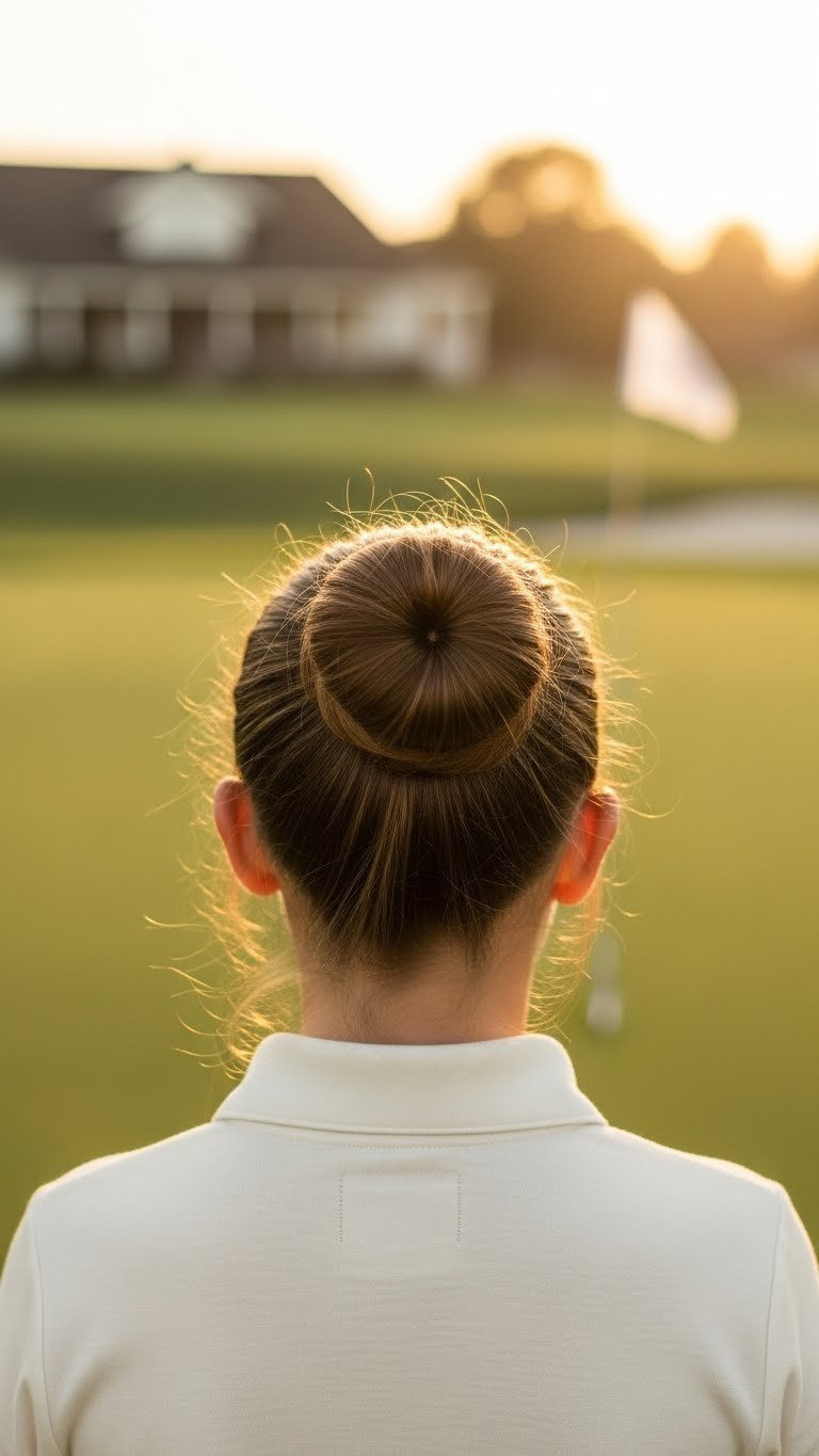 Golf Messy Bun Positioned Low Under Cap On Junior Golfer During Golden Hour On Grassy Course