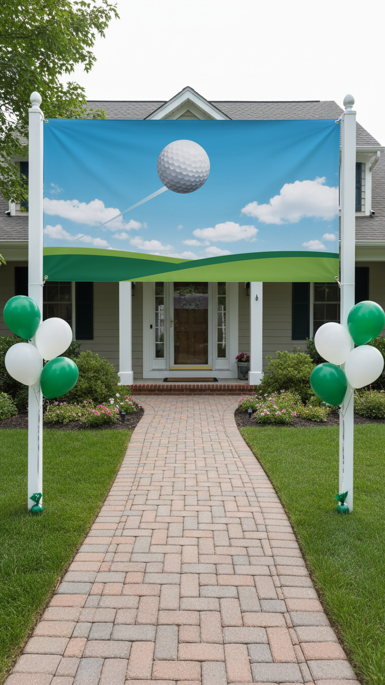 Golf Party Entrance With Custom Vinyl Banner Featuring Golf Ball Graphic Strung Between Posts At Driveway