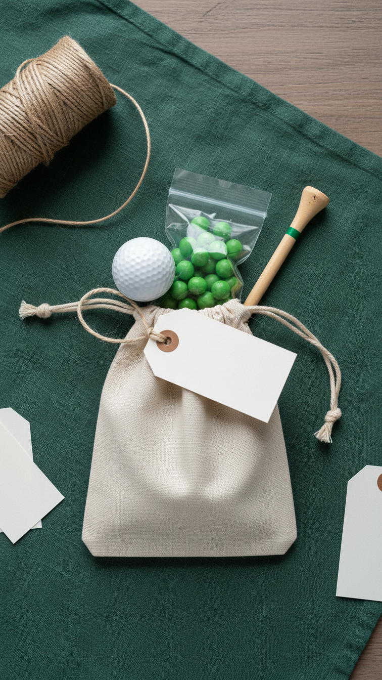 Golf Party Favor Bag With Canvas Drawstring, Golf Ball Lip Balm, And Custom Tag On Green Background