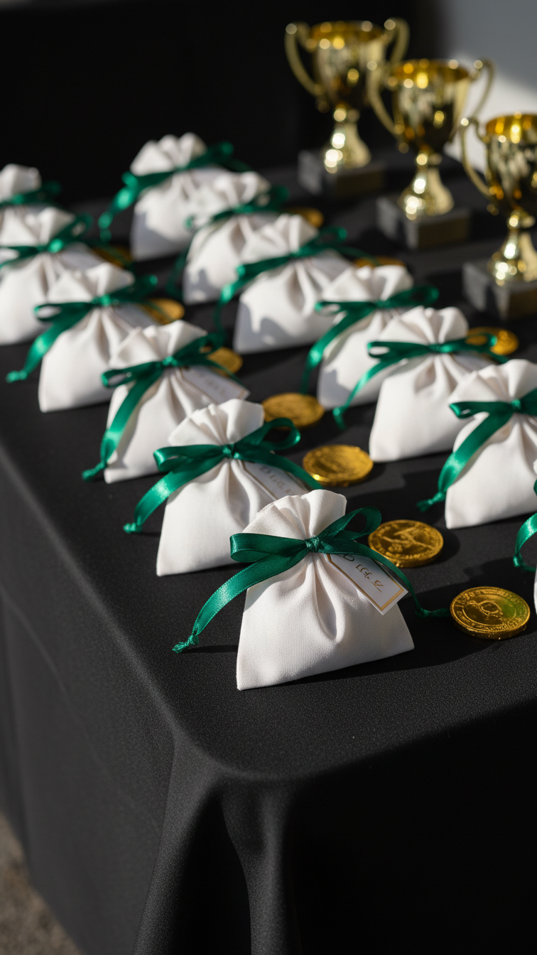 Golf Party Favor Display With White Bags Tied With Green Ribbon And Gleaming Gold Trophies On Black Table.