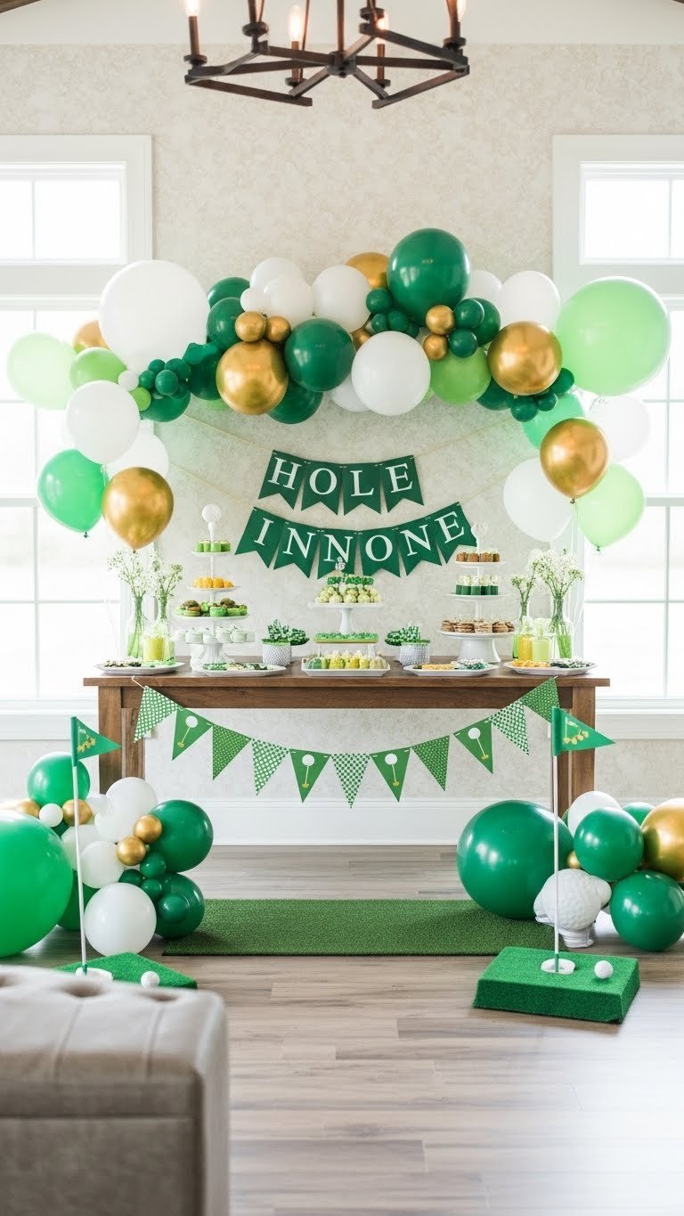 Golf Party Hole In One: 7 Must-Have Celebration Ideas Golf Party Room Decorated With Green White Gold Balloons Hole In One Banner And Miniature Golf Centerpieces