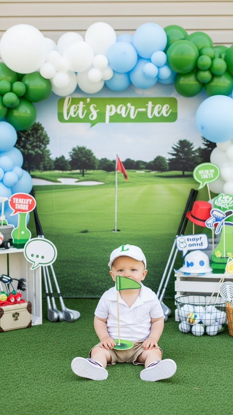 Golf Photo Booth Setup With Turf Backdrop, Colorful Balloons, Oversized Clubs, And Themed Photo Props Arranged Nearby