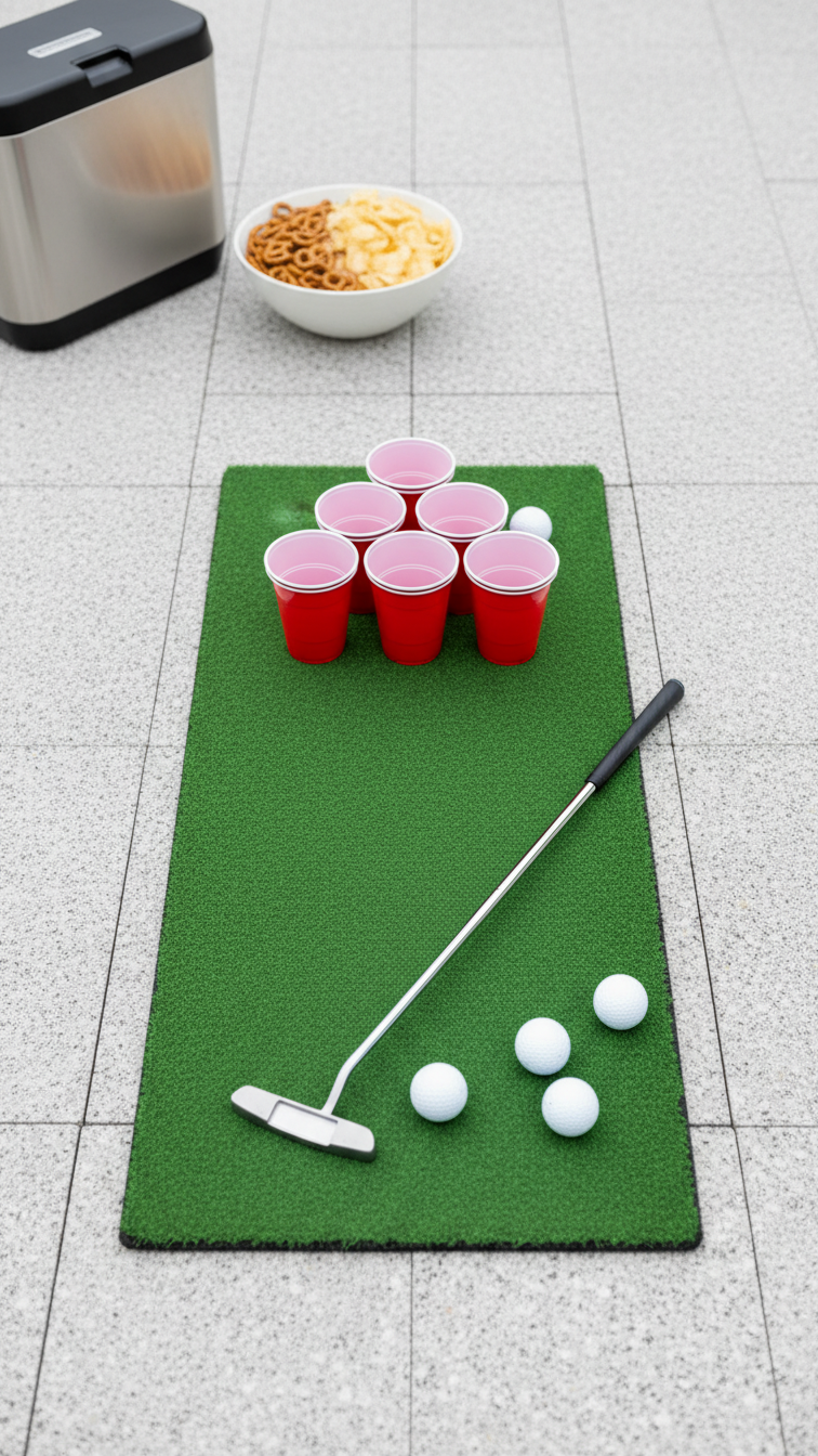 Golf Pong Game Board With Red Solo Cups On Green Turf Mat For Backyard Party Entertainment