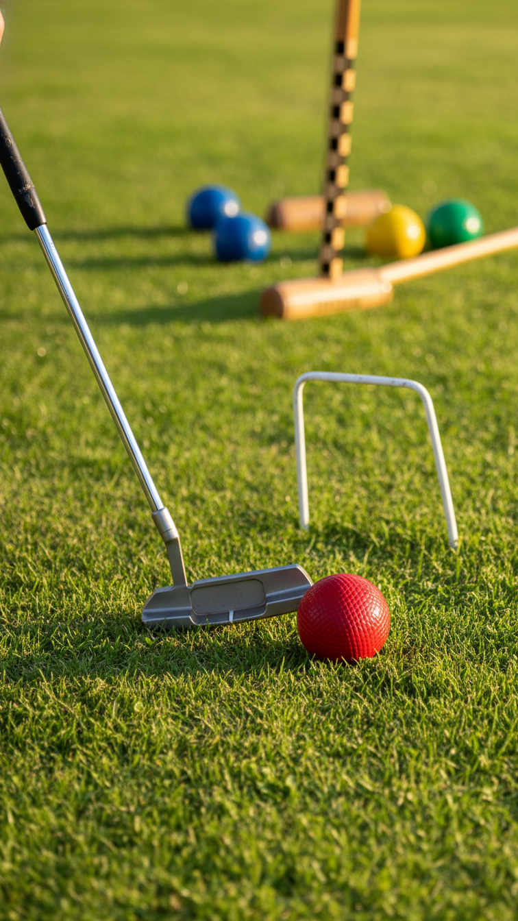Golf Putter Hitting Croquet Ball Toward Wicket In Hybrid Lawn Game Combining Golf And Croquet