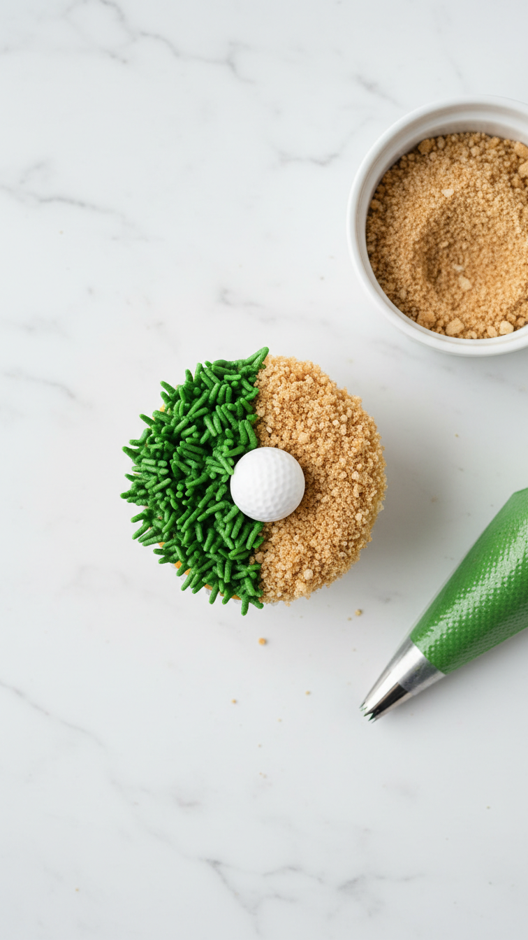 Golf Sand Trap Cupcake With Piped Green Grass Frosting And Crushed Vanilla Wafer Sand Trap On Marble Countertop