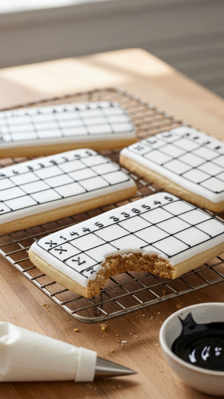 Golf Scorecard Sugar Cookies With Royal Icing Piping Arranged On Metal Cooling Rack