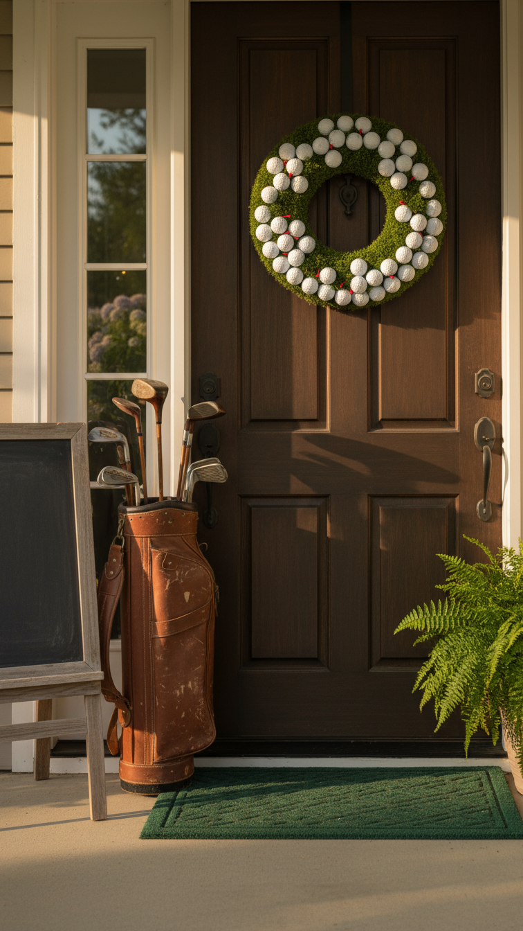 Golf Theme Party Entryway With Artificial Turf Wreath And Vintage Golf Bag At Front Door
