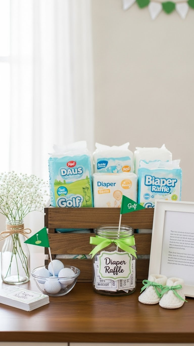 Golf-Themed Baby Shower Diaper Raffle Station With Wooden Crate, Glass Jar, And Miniature Golf Ball Decorations