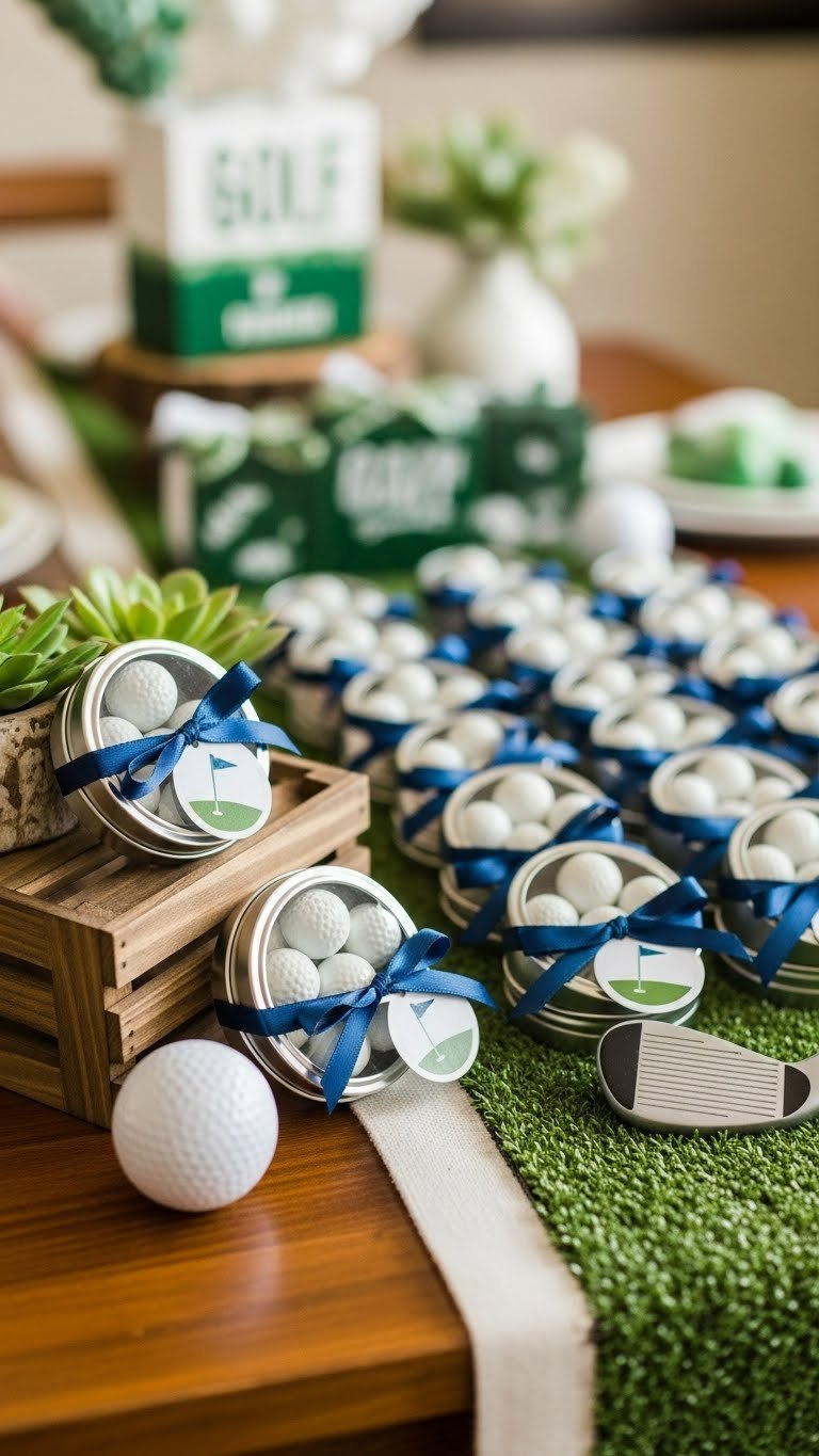 Golf-Themed Baby Shower Guest Favors Featuring Miniature Tins With Golf Ball Candies Tied With Navy Ribbon