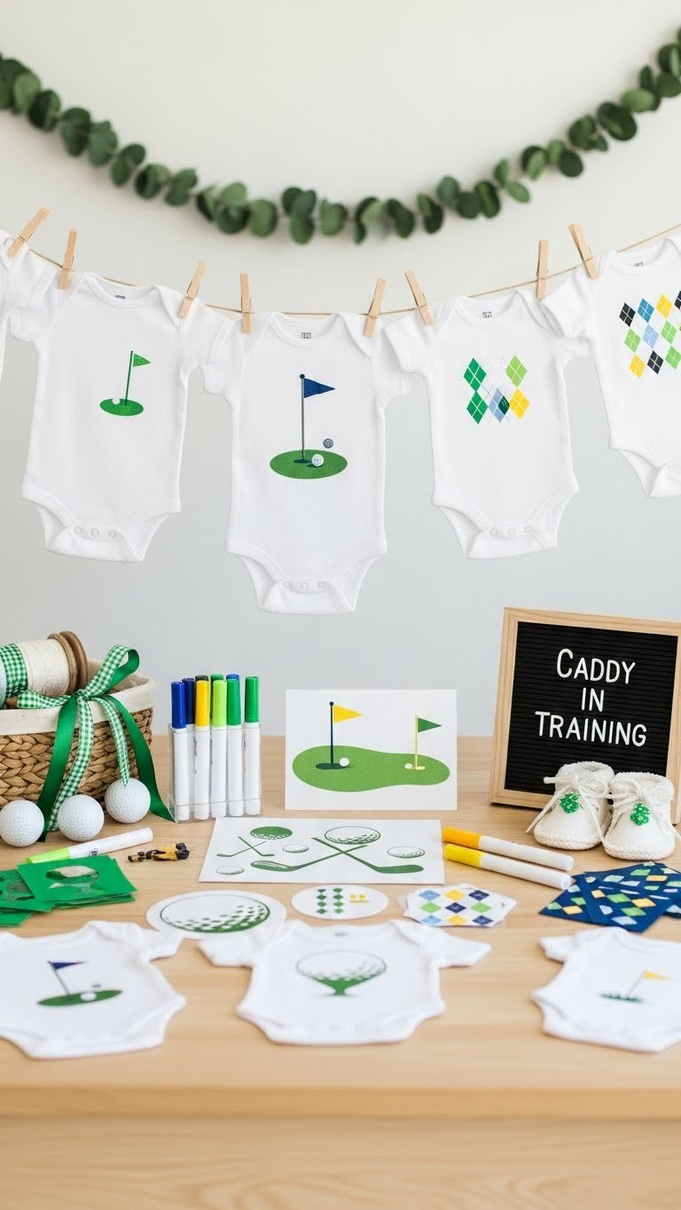 Golf-Themed Baby Shower Onesie Decorating Station With White Onesies, Fabric Markers, And Golf Stencils On Clothesline