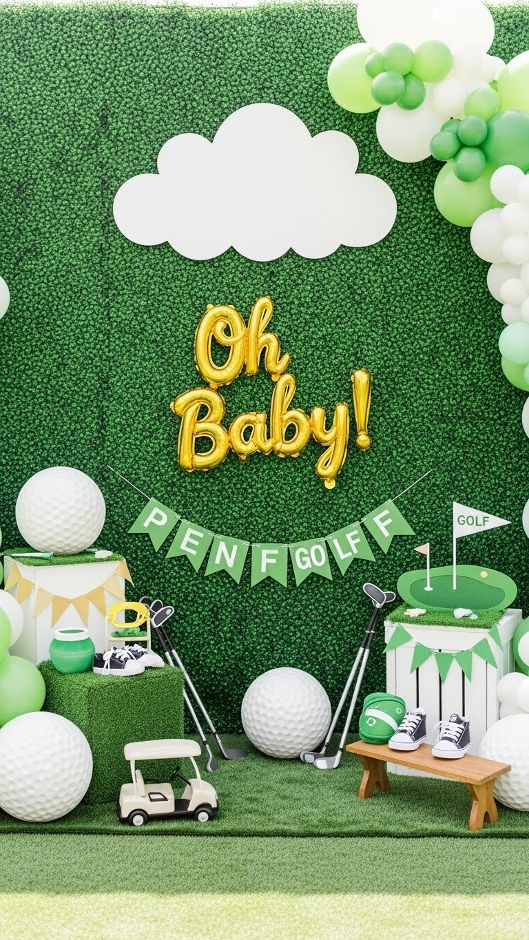 Golf-Themed Baby Shower Photo Booth Backdrop With Green Grass Wall, Cloud Cutout, And Oversized Golf Ball Props