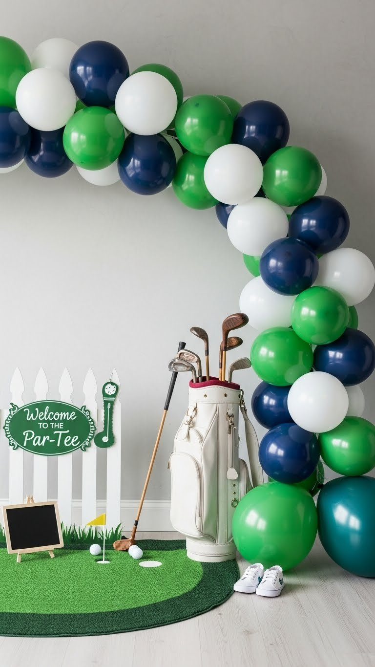 Golf-Themed Baby Shower Welcome Area With White Picket Fence, Vintage Golf Bag, Green And Navy Balloon Arch, And Putting Green Rug Arrangement