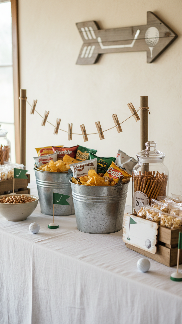 Golf-Themed Caddy Snack Bar With Chips, Pretzels, And Peanuts In Galvanized Buckets On White Linen Tablecloth