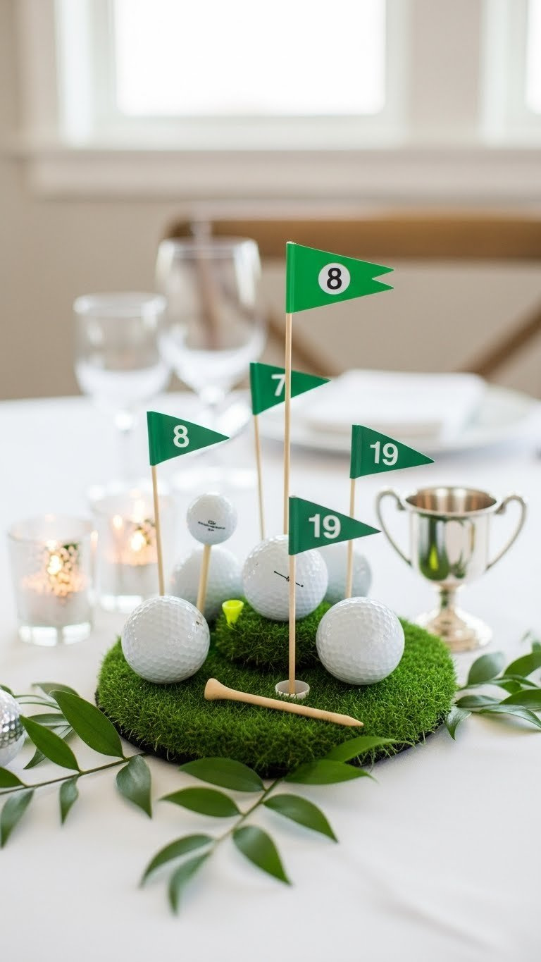 Golf Themed Centerpiece With Artificial Turf Base, Numbered Flags, Golf Balls, And Tees On White Tablecloth