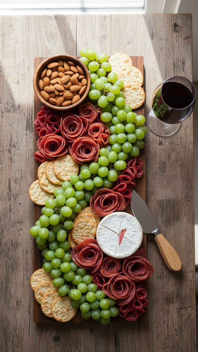 Golf-Themed Charcuterie Board With Green Grapes, Salami Roses, And Brie Wedge With Flag