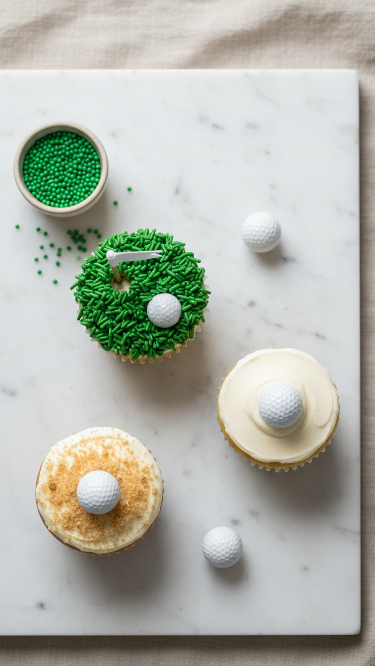 Golf-Themed Cupcakes Including Sand Trap, Putting Green, And Golf Ball Varieties Arranged On White Marble Surface