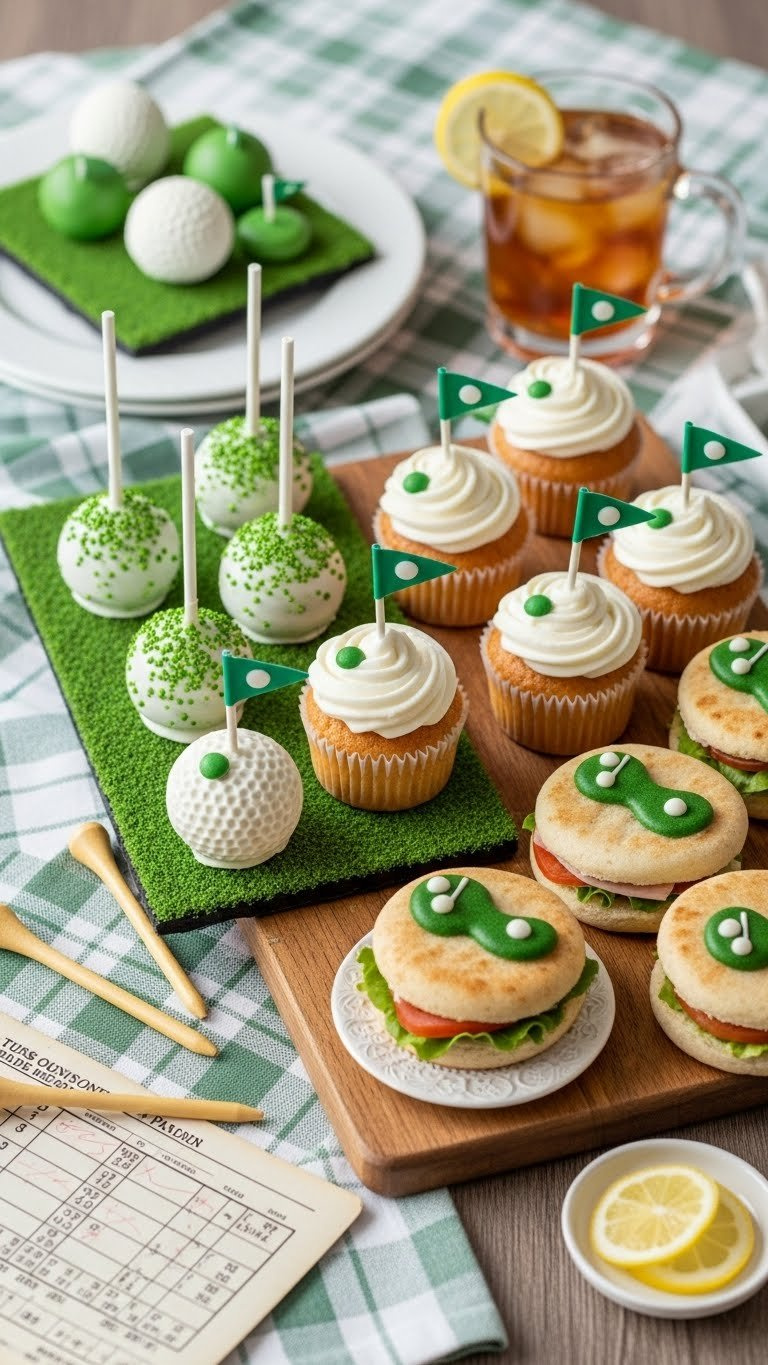 Golf-Themed Dessert Platter With Cake Pops And Cupcakes On Rustic Wooden Board With Green Turf Accents
