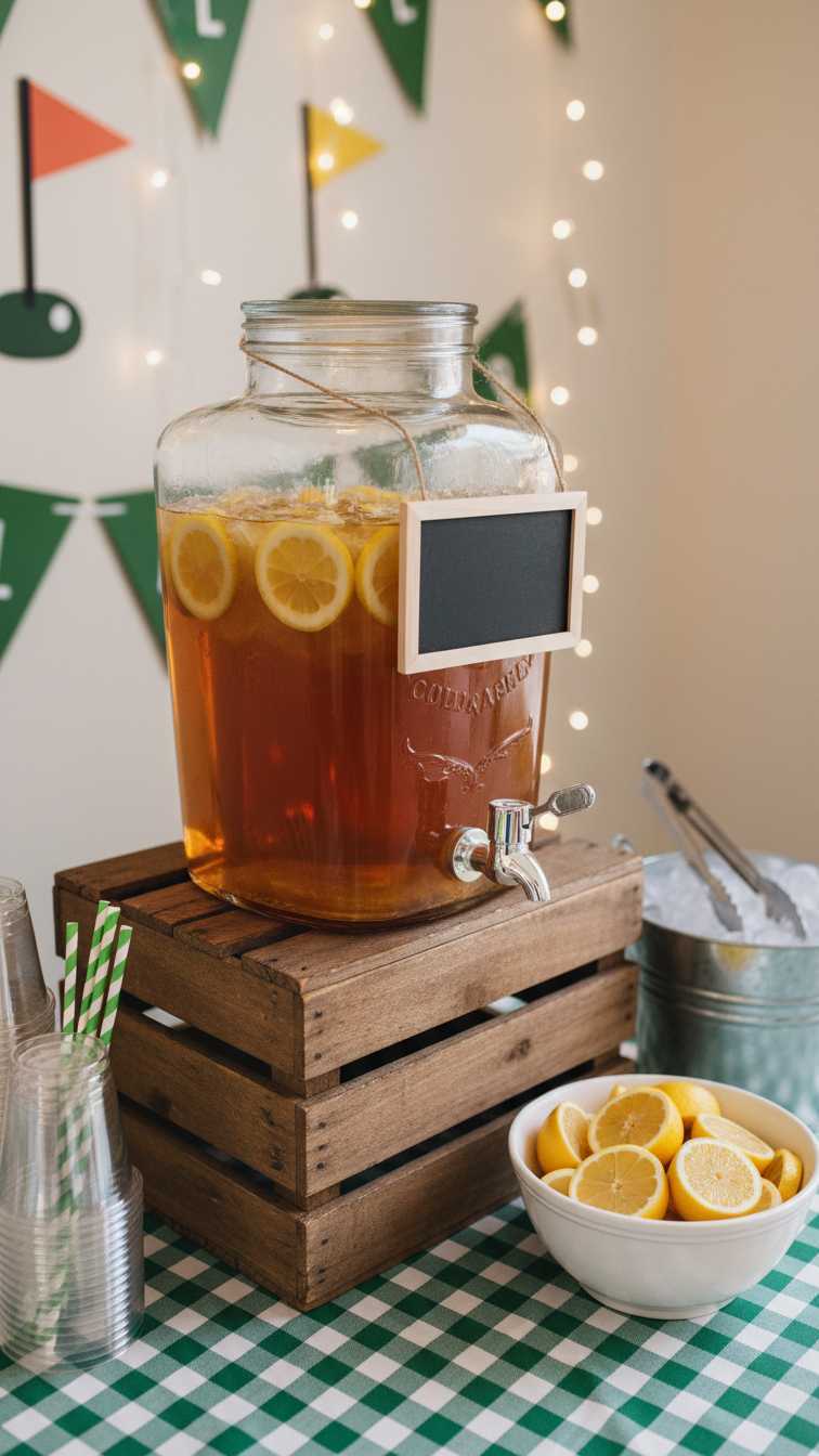 Golf-Themed Drink Station With Glass Beverage Dispenser Of Iced Tea On Wooden Crate With Gingham Tablecloth