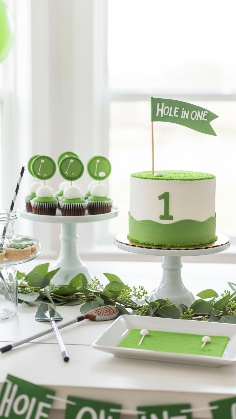 Golf Party Hole In One: 7 Must-Have Celebration Ideas Golf-Themed First Birthday Dessert Table With Smash Cake Featuring Mini Flag And Golf Ball Cupcakes On White Wooden Table