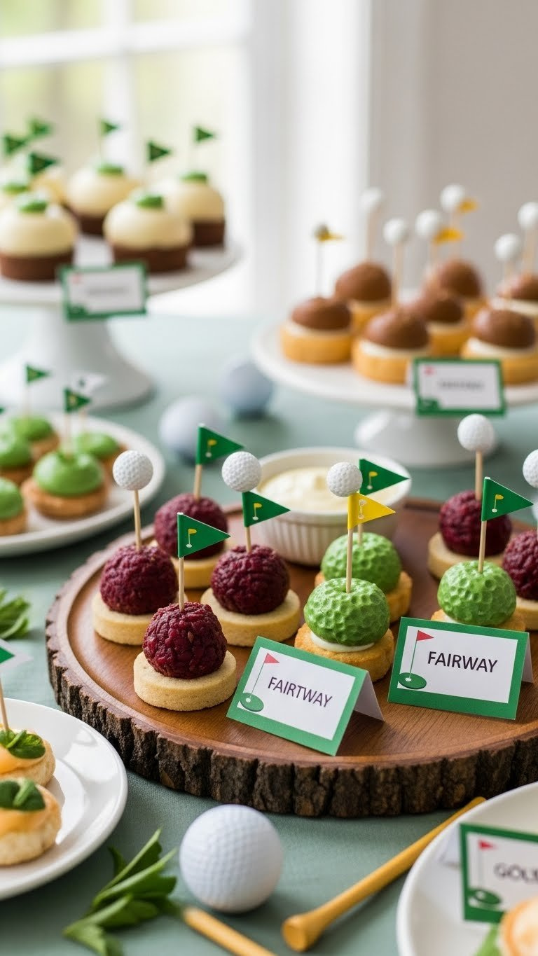 Golf Themed Food Picks With Miniature Flags And Balls Labeling Party Snacks On Rustic Wooden Platter
