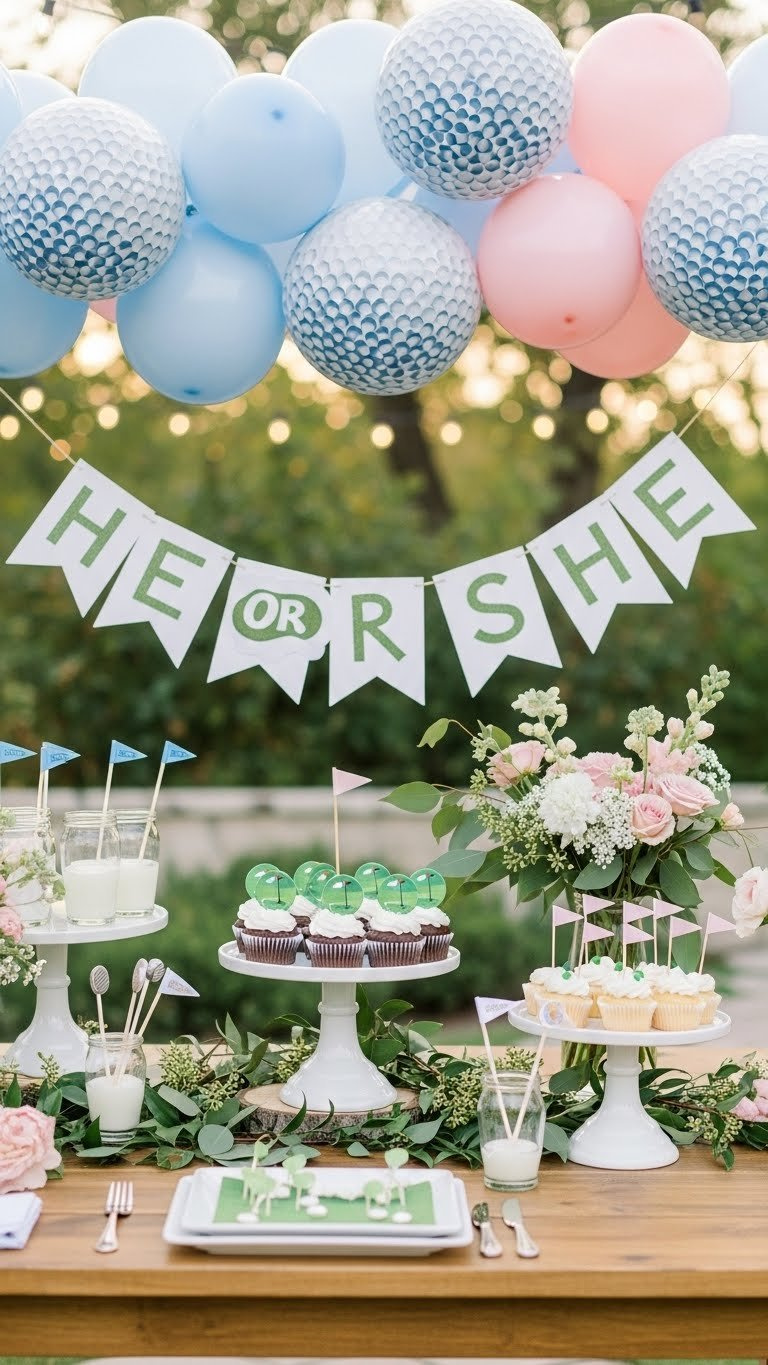 Golf-Themed Gender Reveal Party Dessert Table With Blue And Pink Balloons, Cupcakes, And Golf Decorations On Rustic Table.