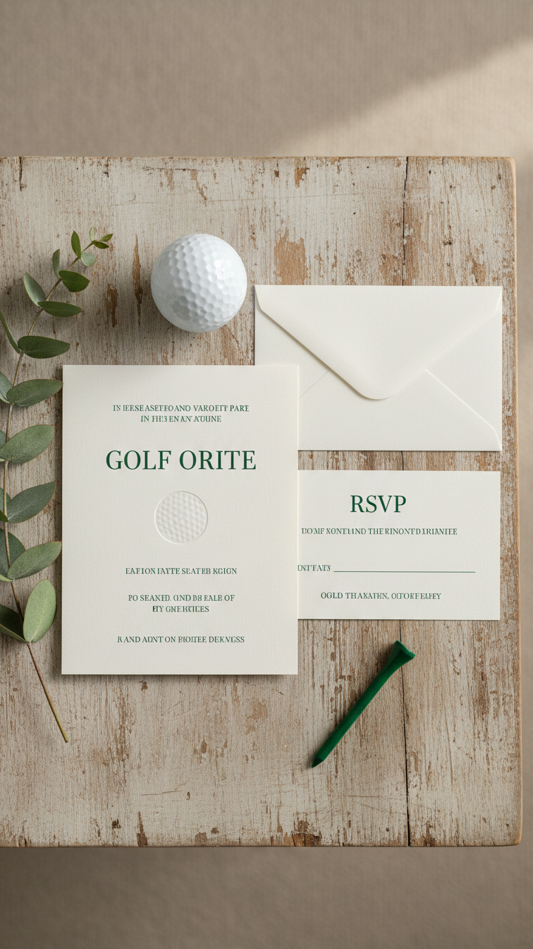 Golf-Themed Party Invitation Flat Lay With White Embossed Golf Ball, Green Tee, And Fresh Greenery On Rustic Wooden Table