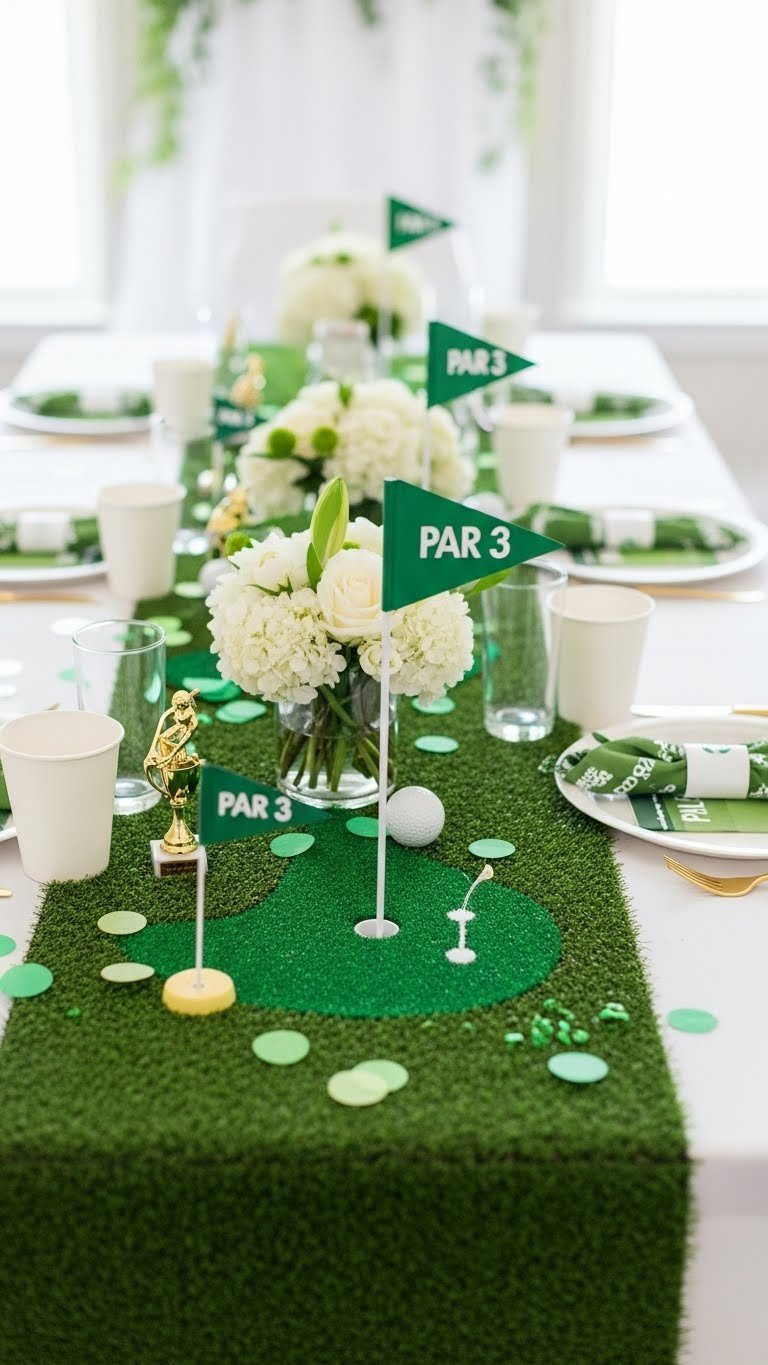 Golf-Themed Party Table With Artificial Turf Runner, Miniature Flags, And White Floral Arrangements