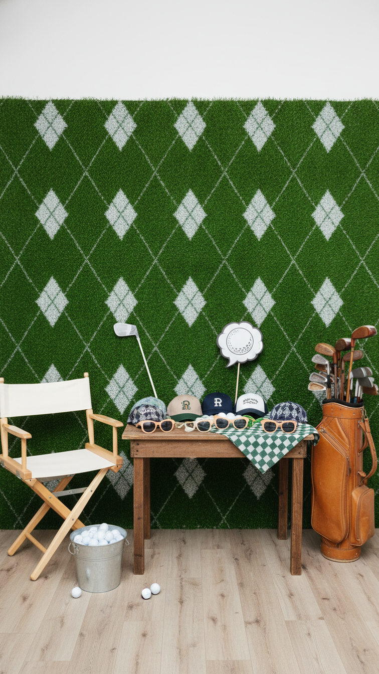Golf-Themed Photo Booth Setup With Green Turf Backdrop, Argyle Hats, And Vintage Golf Bag Props.