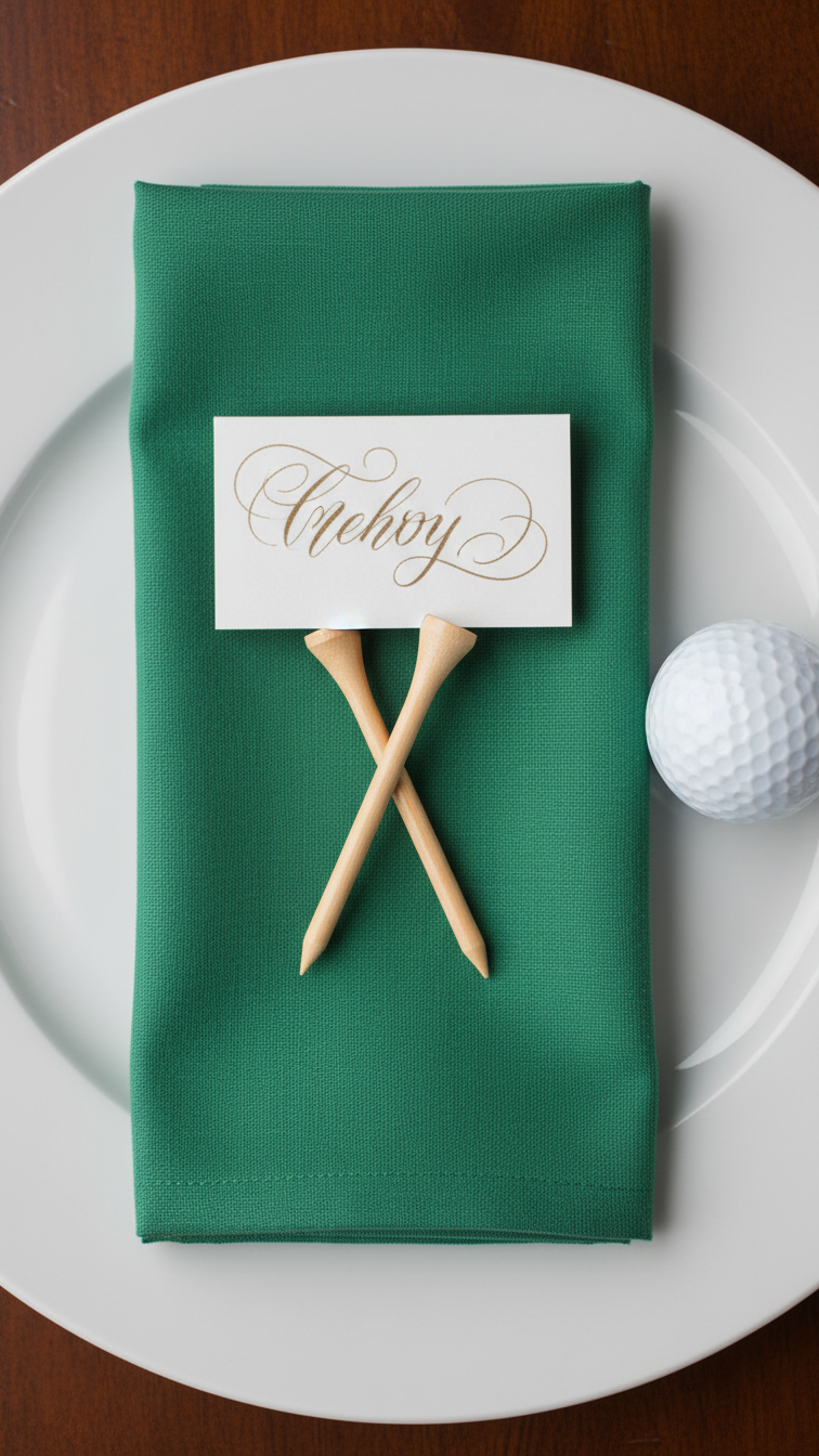 Golf-Themed Place Setting With Calligraphed Name Card Balanced On Crossed Wooden Golf Tees And Green Napkin.