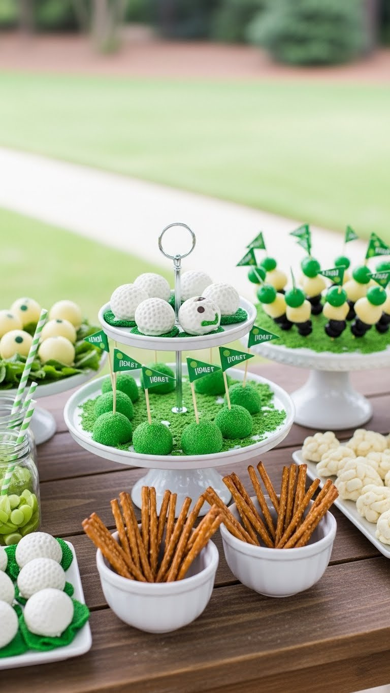 Golf-Themed Snacks Including Cake Pops, Fruit Skewers, And Pretzel Sticks Arranged On Rustic Wooden Party Table