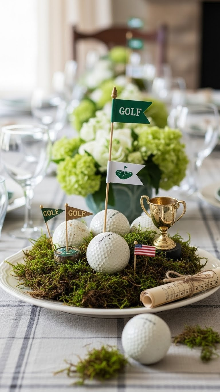 Golf-Themed Table Centerpiece With Antique Golf Balls In Moss Surrounded By Miniature Flags And Vintage Trophy On Linen